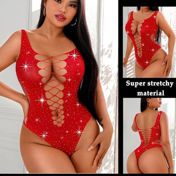 Rhinestone Bodysuit Tops Sparkle Fishnet Lingerie Sexy Outfit for Women Mesh Bod - Picture 2 of 7